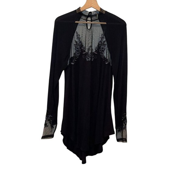 Free People Black Sheer Lace Long Sleeve Saheli Embroidered Mesh Top Women's S Y - Picture 2 of 10